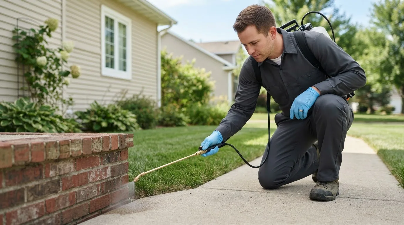 Pest control technician treating a home near Rockwood, ME